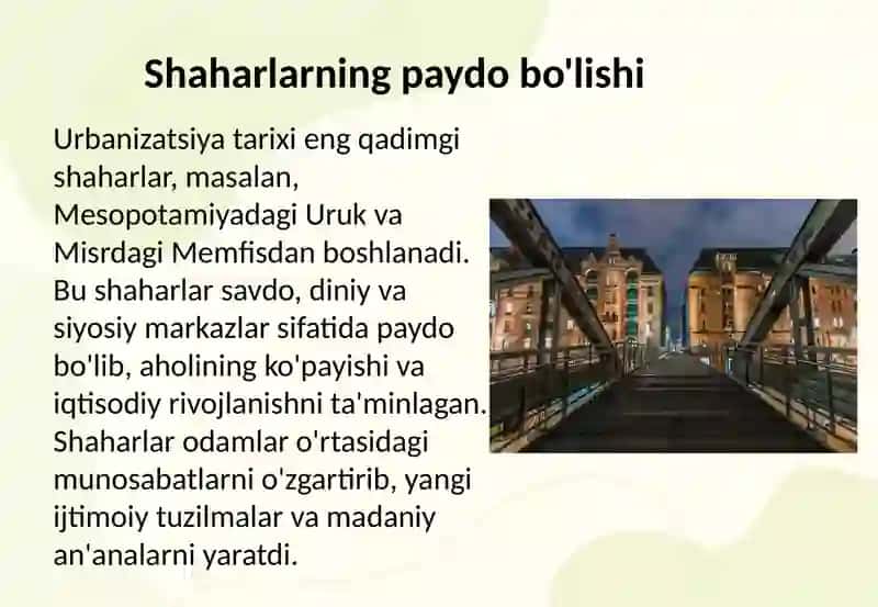 Urbanizatsiya tarixi turlari urf odatlari 3