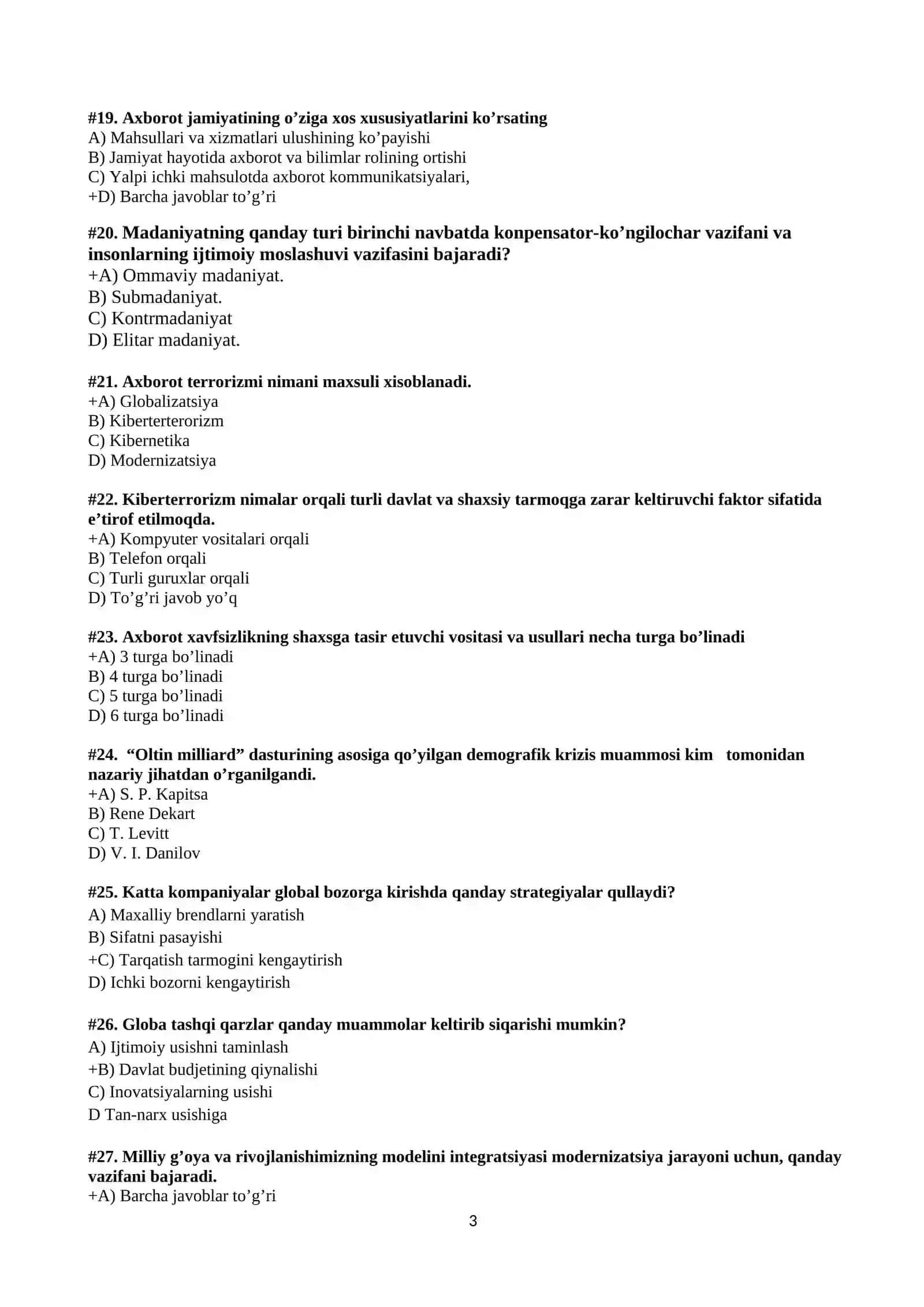 Globallashuv asoslari fanidan test savollari 3