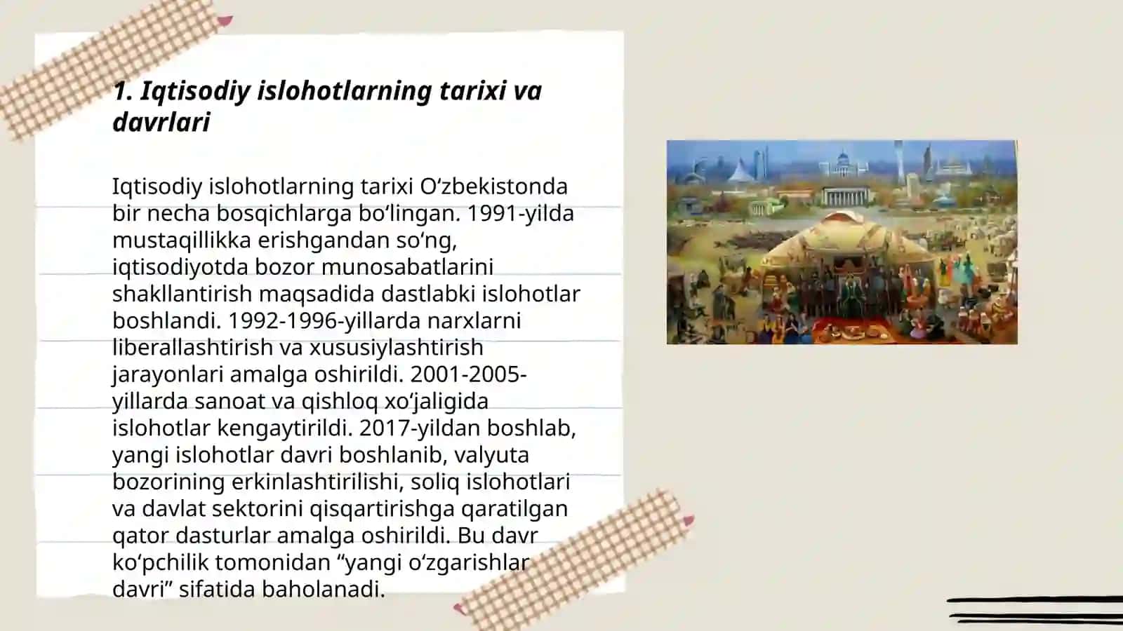Iqtisodiy islohotlar,xususiy mulkchilikning shakllanishi.Oʻzbekistonda bozor munosabatlarining shakillanishi Xudoyberdiyev.B 3