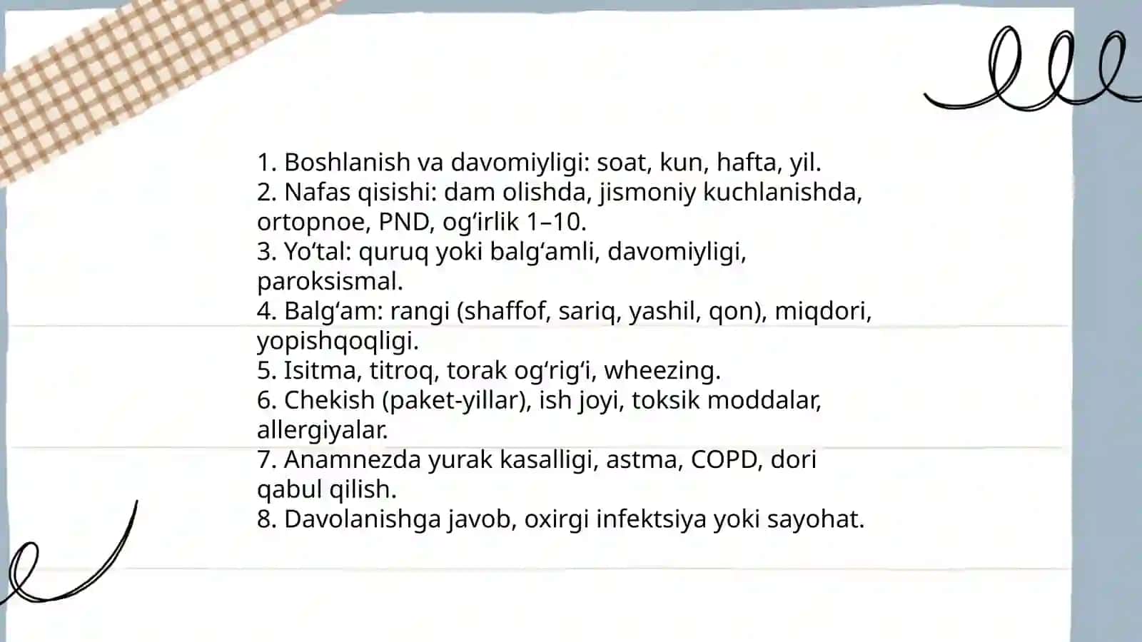 Nafas olish azolari subektiv va asosiy obektiv tekshirish usullari 3