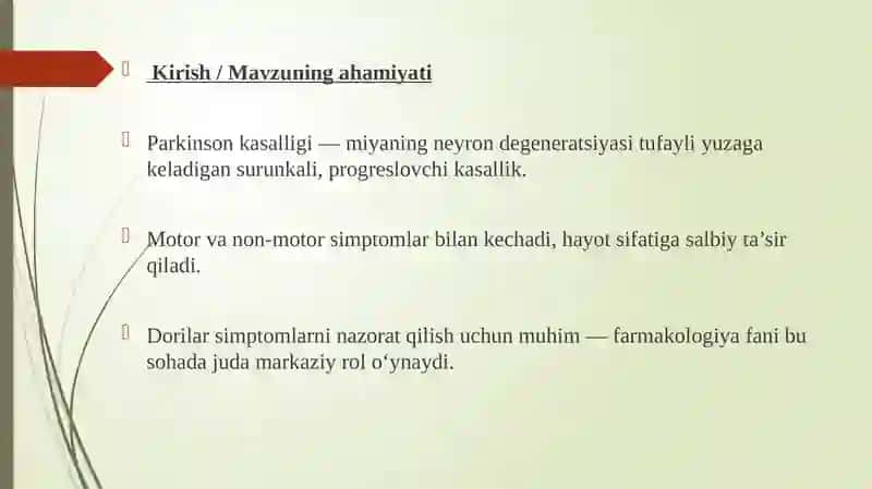 parkinson kasalligini davolashda ishlatiladigan dori vositalari 3