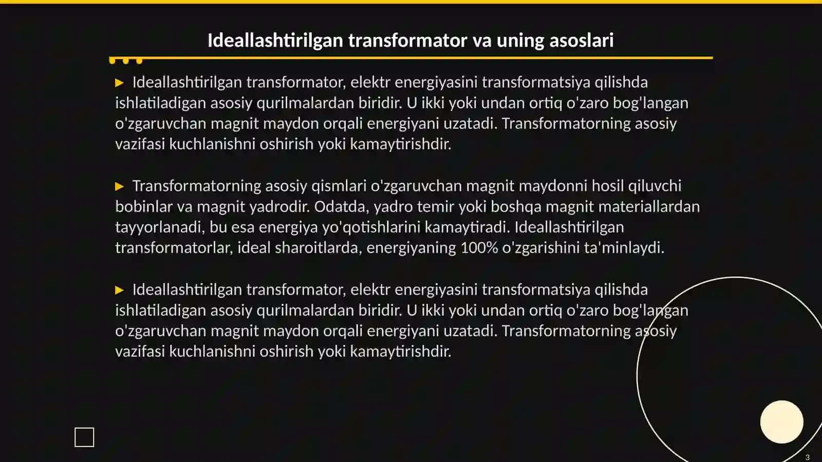 Ideallashtirilgan transformatorning salt ishlashi 3
