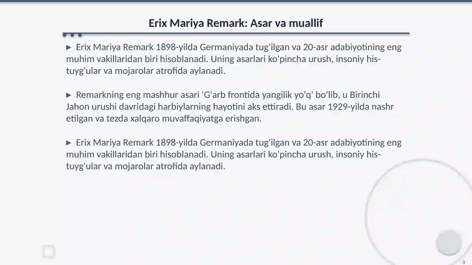 Erix Mariya Remarkning Qarzga olingan umr asari mavzusi 3