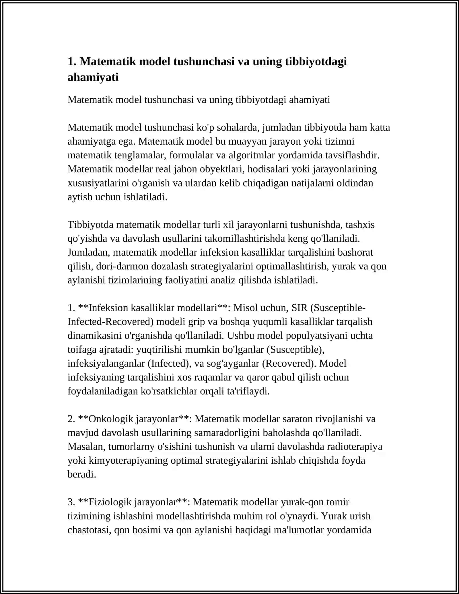 TIBBIYOTDA MATEMATIK MODELLASHTIRISH USLUBLARINI O'RGANISH 3