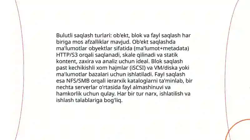 Bulutli saqlash turlari: ob'ekt, blok va fayl saqlash 3