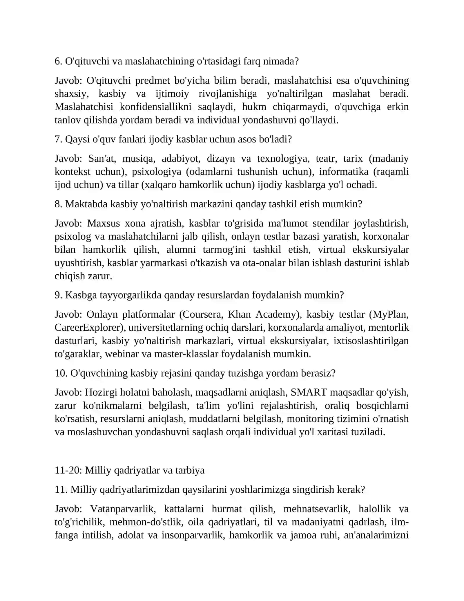 Maktab maslahatchisi lavozimi uchun imtihon savollari va javoblari 3