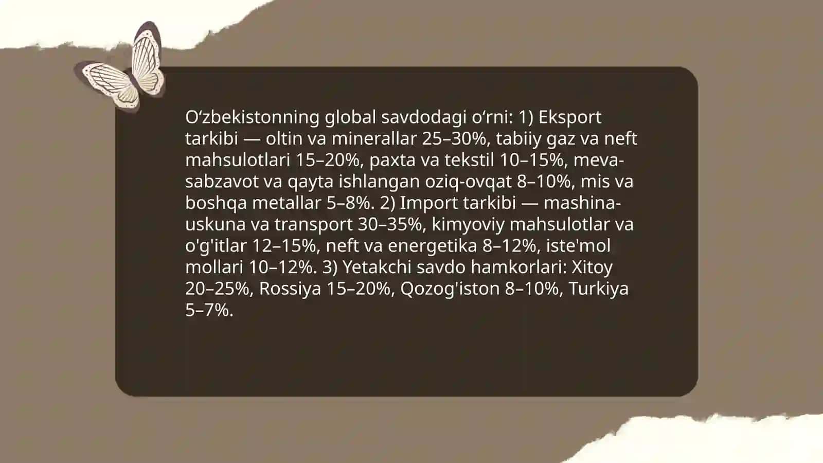 Oʻzbekistonning global savdodagi oʻrni 3