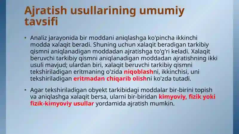 Ajratish va konsentrlash usullari. Ekstraksiya. 3