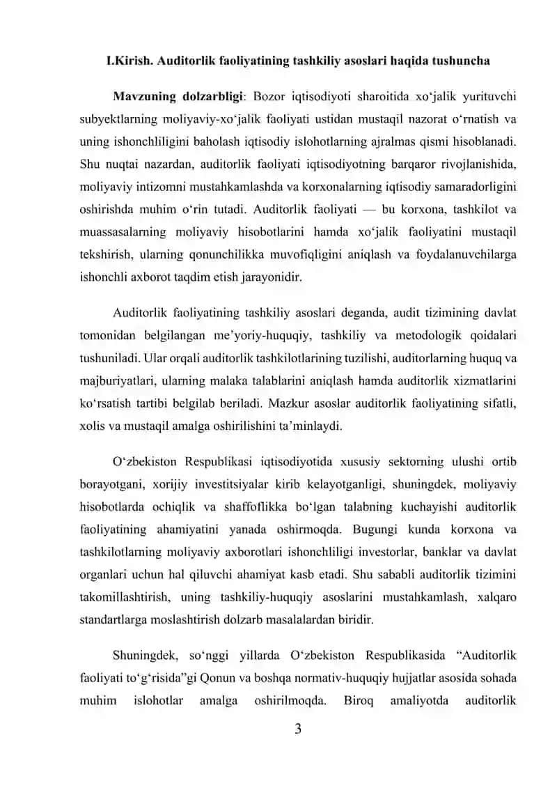 Auditorlik faoliyatining tashkiliy asoslari kurs ishi 3