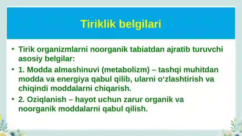 Tiriklik belgilari 3