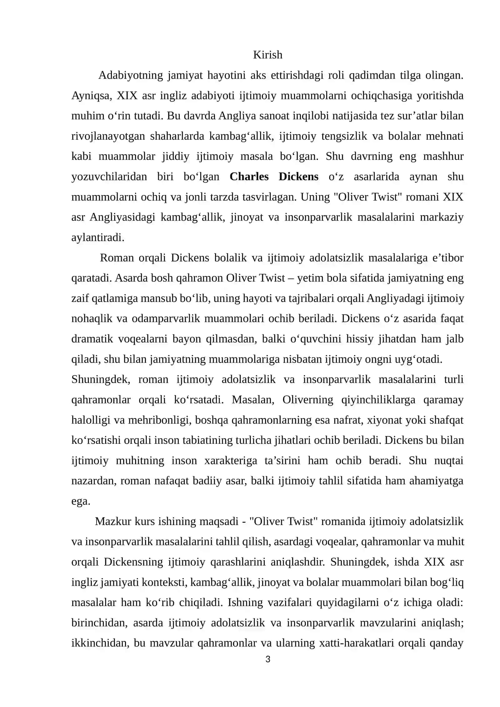 "Charles Dickens "Oliver Twist" romanida ijtimoiy adolatsizlik va insonparvarlik masalasi" 3