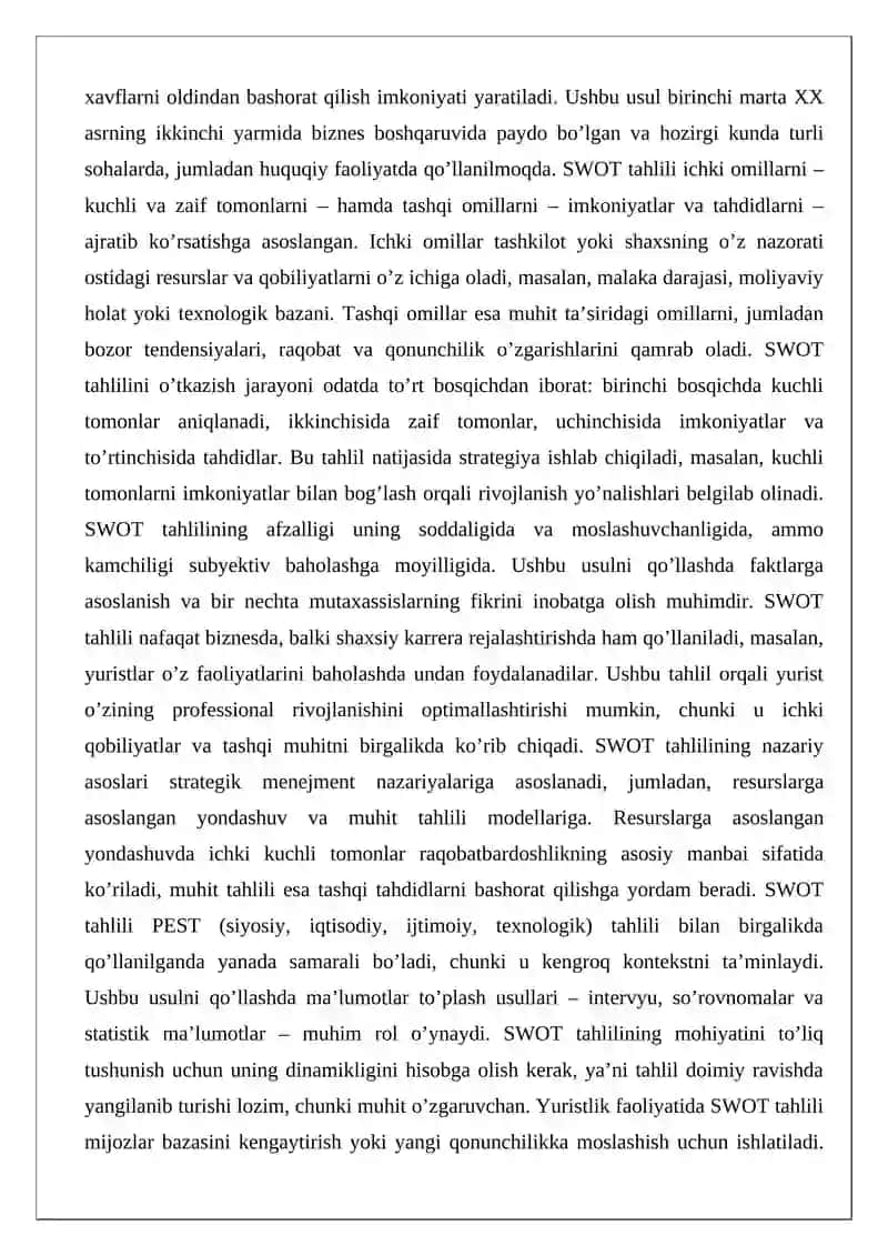 SWOT va PEST tahlillari. Yurist karyerasi bilan bog’liq maqsadlarni aniqlashtirish 3