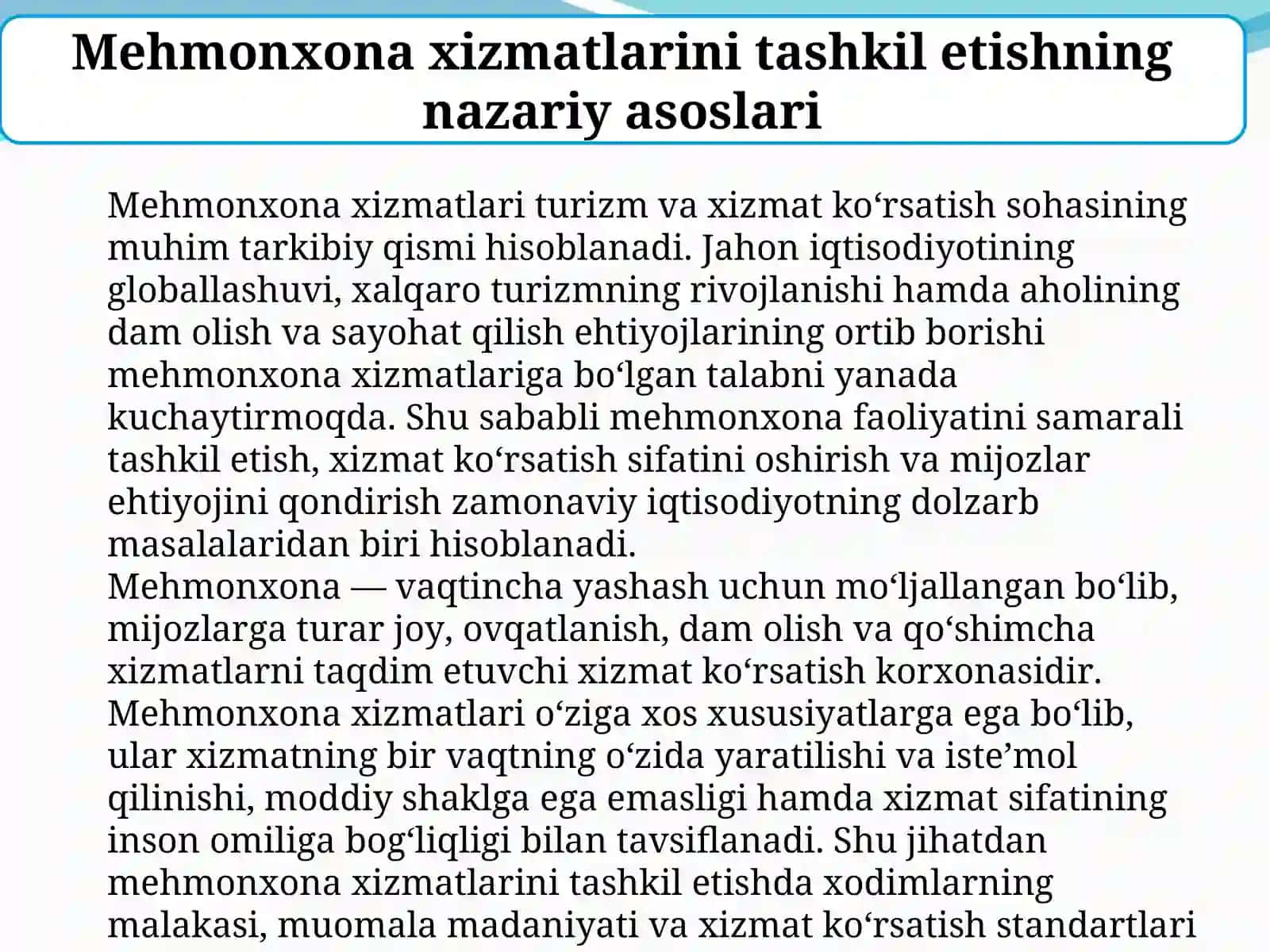 Mehmonxona xizmatlarini tashkil etish holati 3