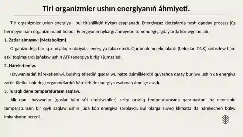 Haywanlar ham osimliklerde energiya payda boliwi 3