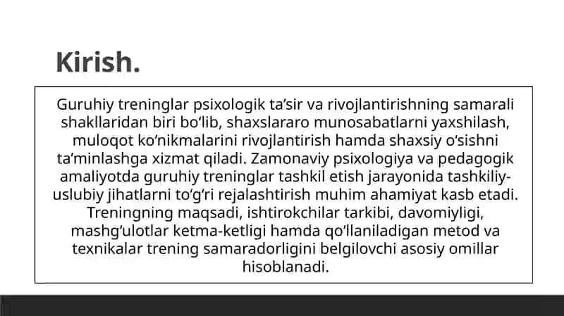 Guruhiy treninglarning tashkiliy- uslubiy jihatlari 3