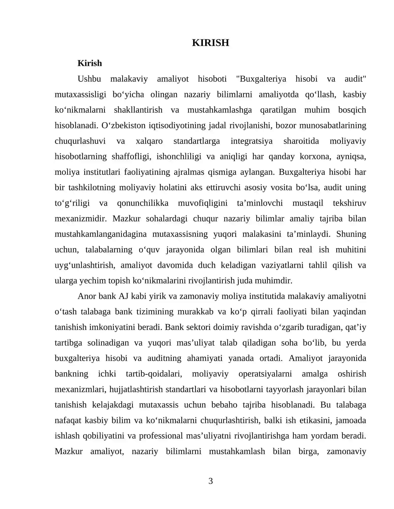 “Anor bank” Aksadorlik Jamiyatida Buxgalteriya xisobi va Audit amalyoti 3