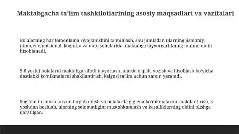 Maktabgacha taʼlim tashkilotlarining asosiy maqsadlari 3
