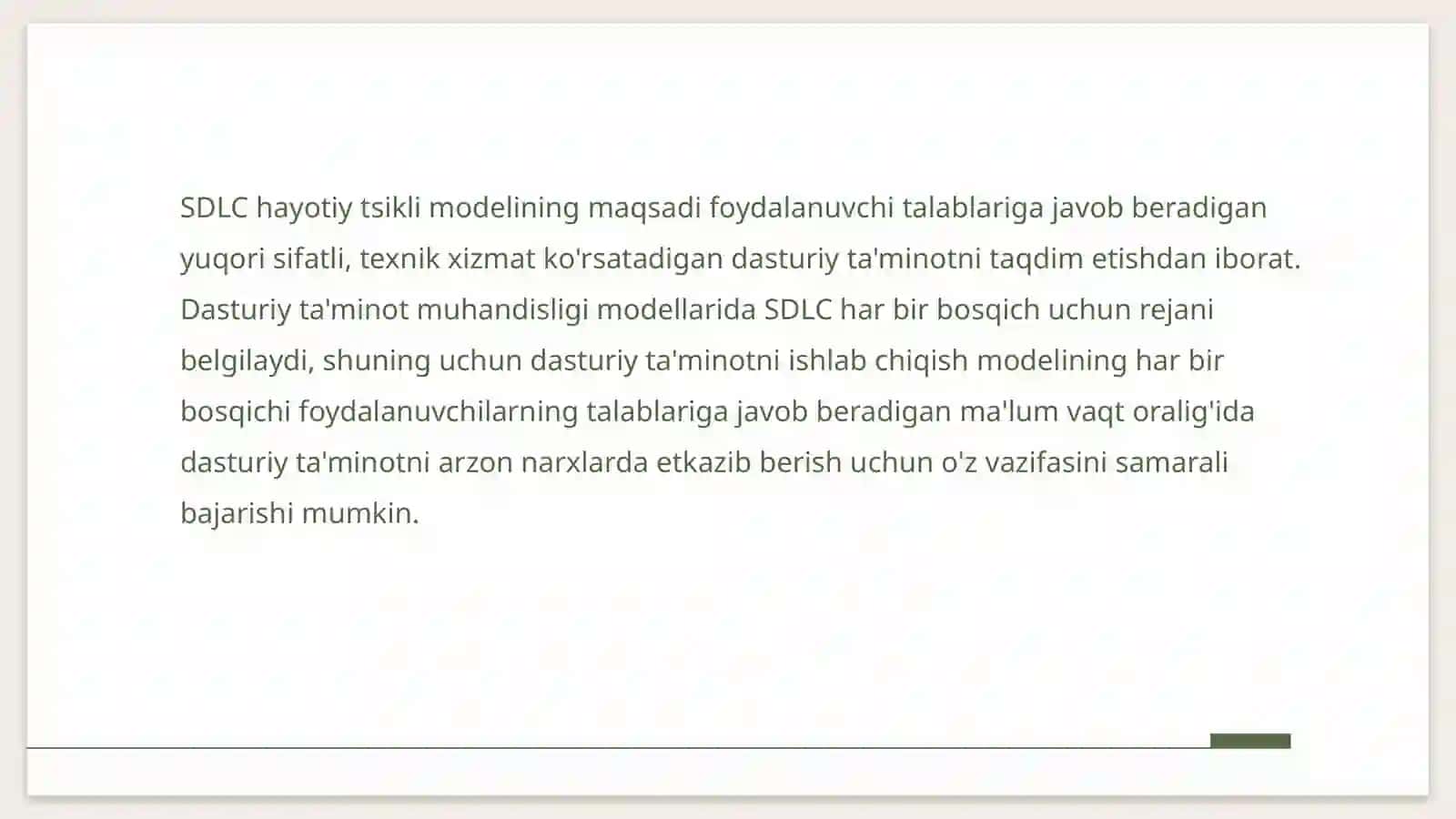 Dasturiy injiniring jarayonlari. Dasturiy ta’minot ishlab chiqishning hayot sikli modellari 3