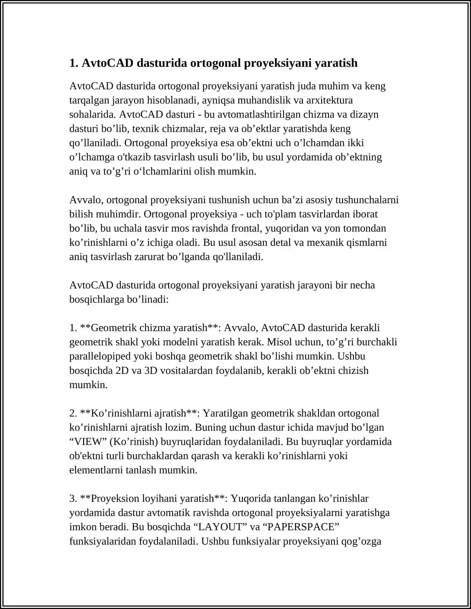 AUTOCAD DASTURIDA ORTOGONAL PROYEKSIYALARNI BAJARISH (2D) 3