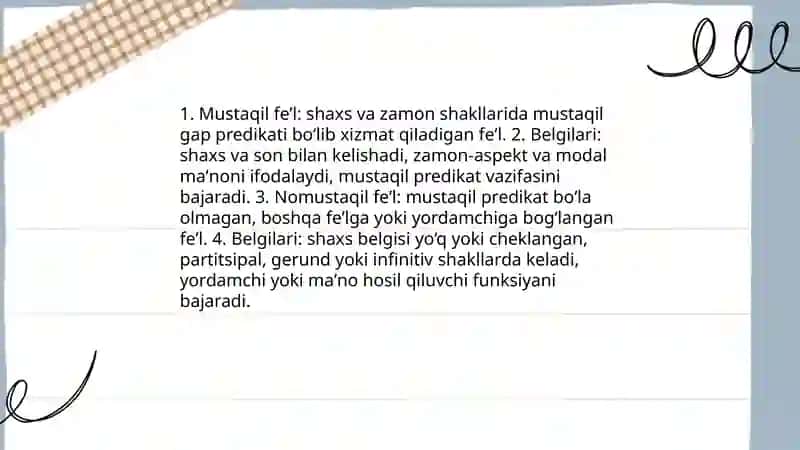 Mustaqil va nomustaqil feʼllarning oʻzaro munosabati 3
