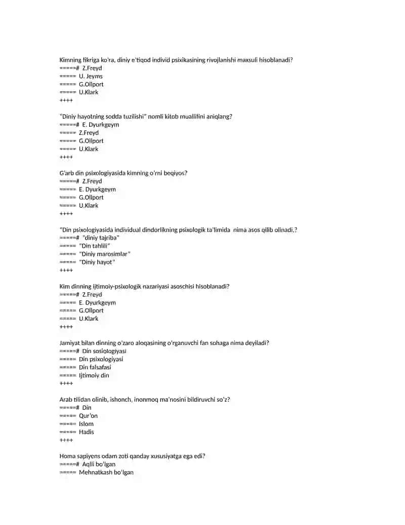 Dinshunoslik. testlar to'plami 3