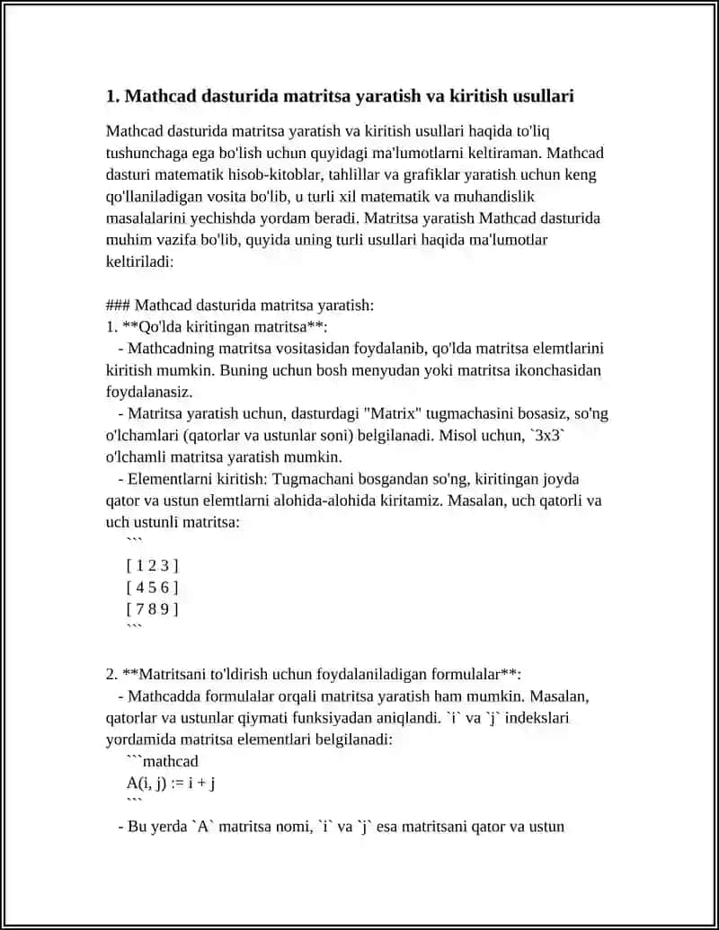 MATRITSA USTIDA AMALLARNI MATHCAD DASTURI ORQALI HISOBLASH 3