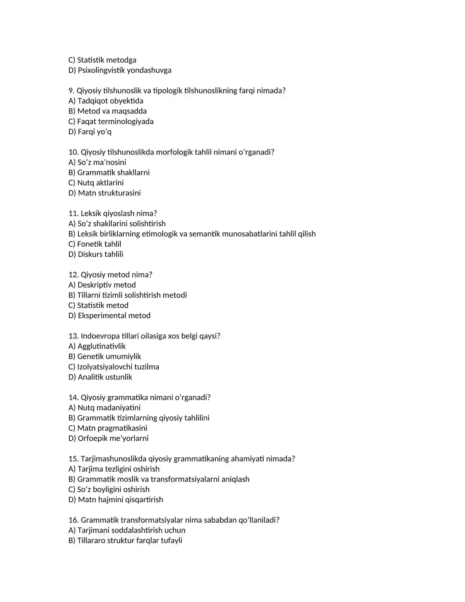 Qiyosiy TIlshunoslik - Magistratura uchun test savollari 3