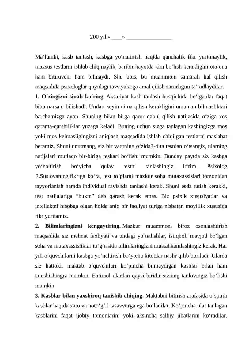Kasb tanlash varaqasi 3
