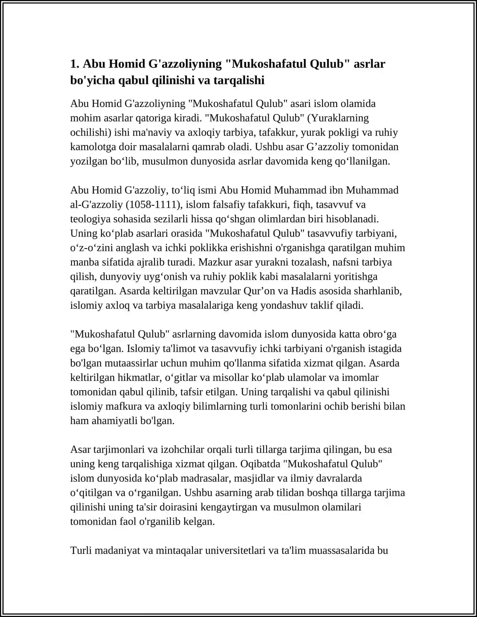 ABU HOMID G’AZZOLIYNING “MUKOSHAFATUL QULUB” ASRO BÓYICHA ESSE 3