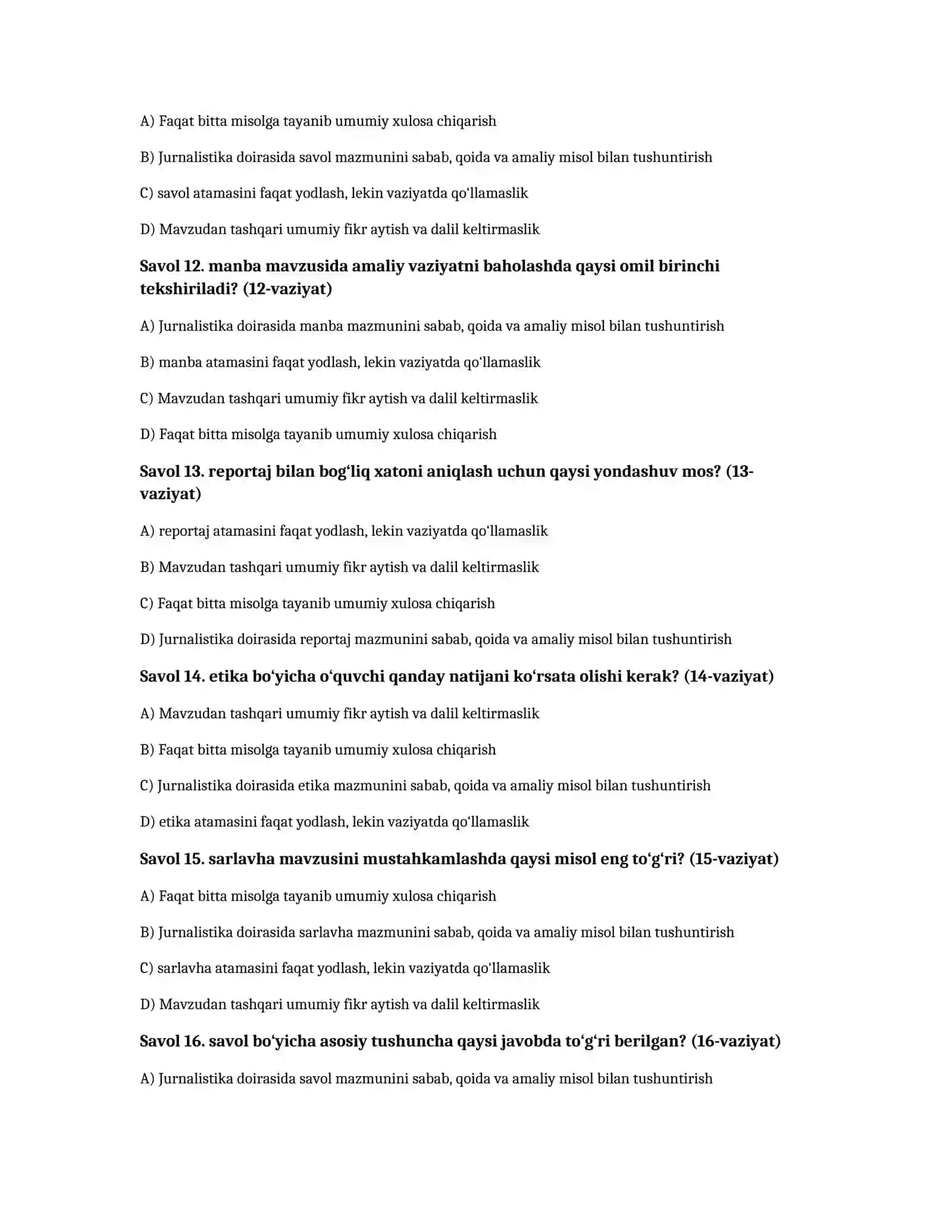 Jurnalistika: intervyu va reportaj — 100 test 3