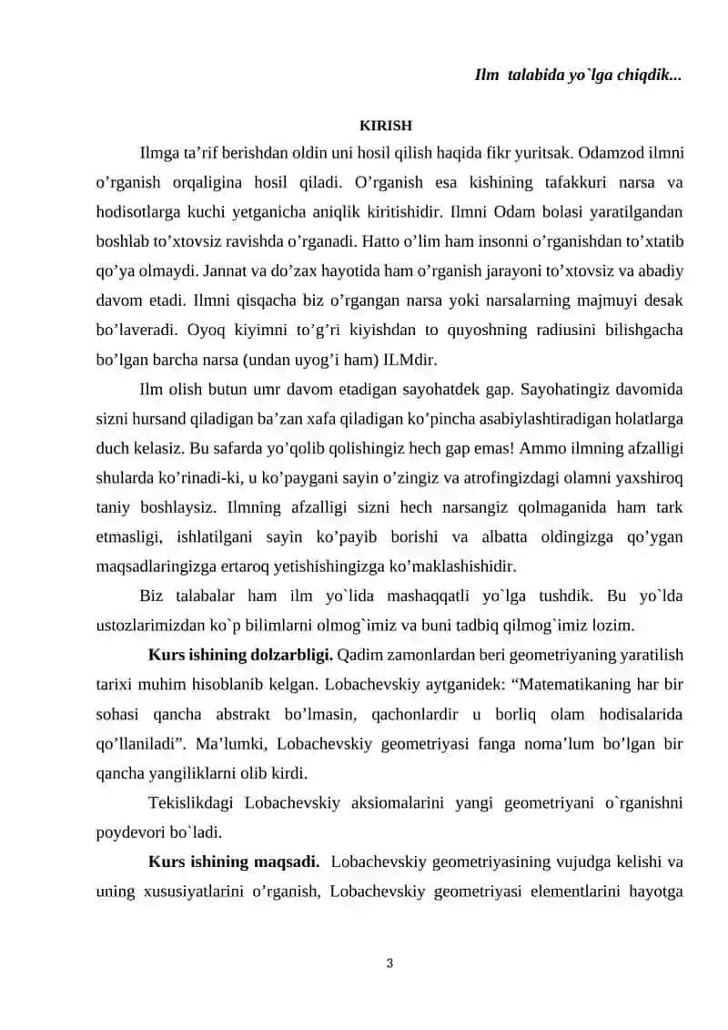 Tekislikdagi Lobachevskiy aksiomalar sistemasi va undan kelib chiqadigan natijalar 3