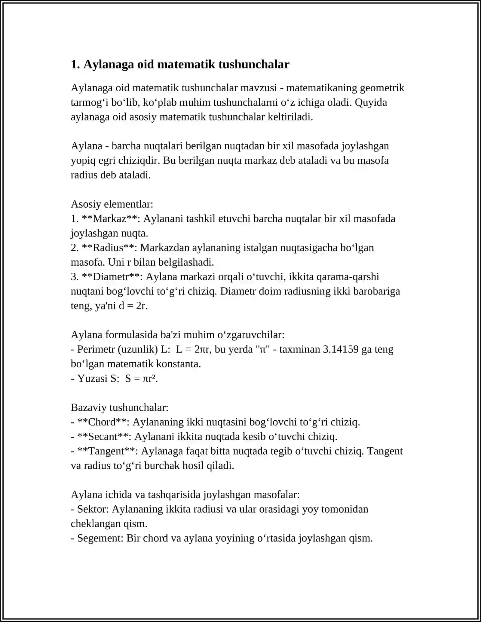 Aylanaga oid matematik tushunchalar 3