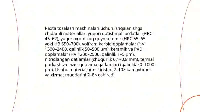 Paxta tozalash mashinalari uchun yangi konstruksion materiallar 3