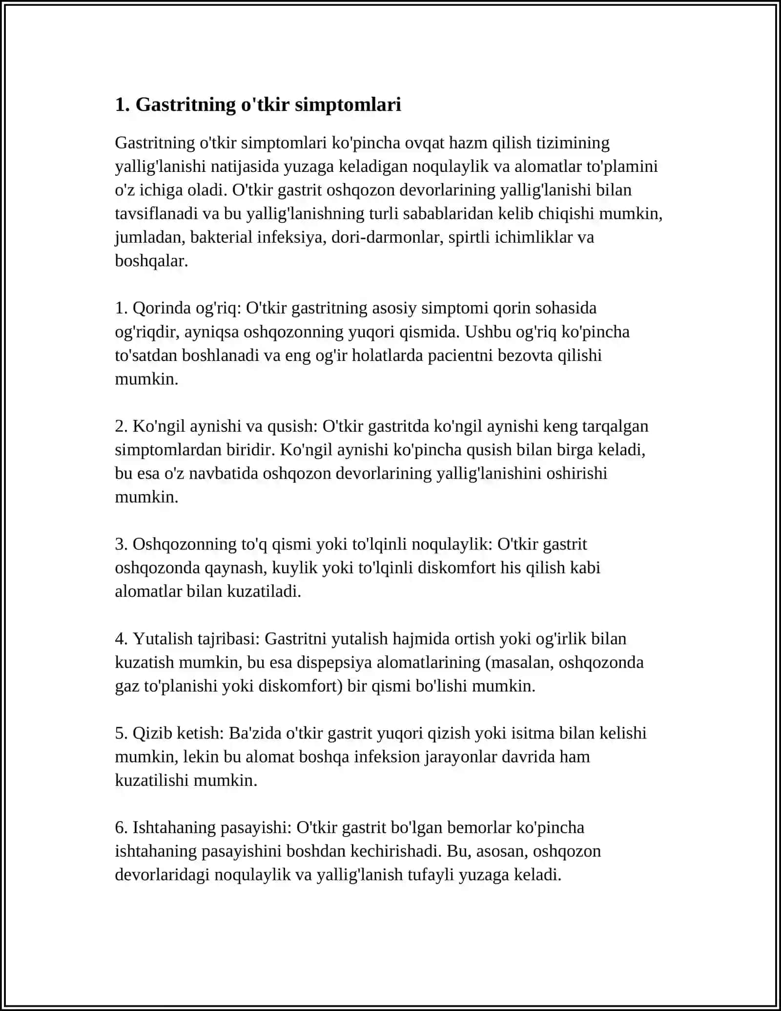 REFERAT: GASTRITLAR SIMPTOMATLOGIYASI (O'TKIR VA SURUNKALI)ME 'DA VA 12 BARMOQ ICHAK YARA KASALLIGI SIMPTOMATOLOGIYASI 3