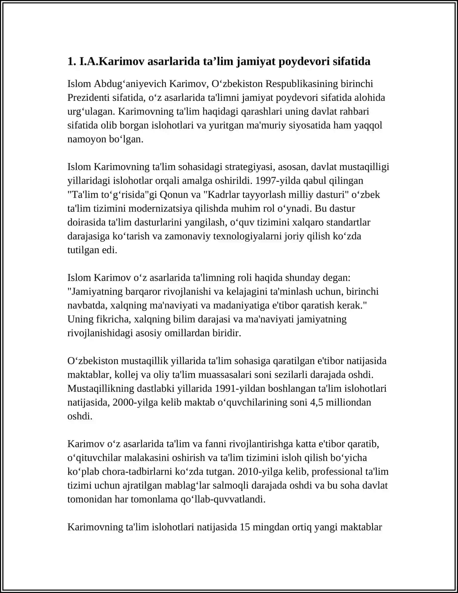 O‘zbekiston Respublikasining birinchi Prezidenti I.A.Karimov asarlarida taʼlim-tarbiya masalalari 3