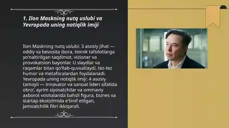 Ilon Maskning nutq uslubi va Yevropada uning notiqlik imiji 3