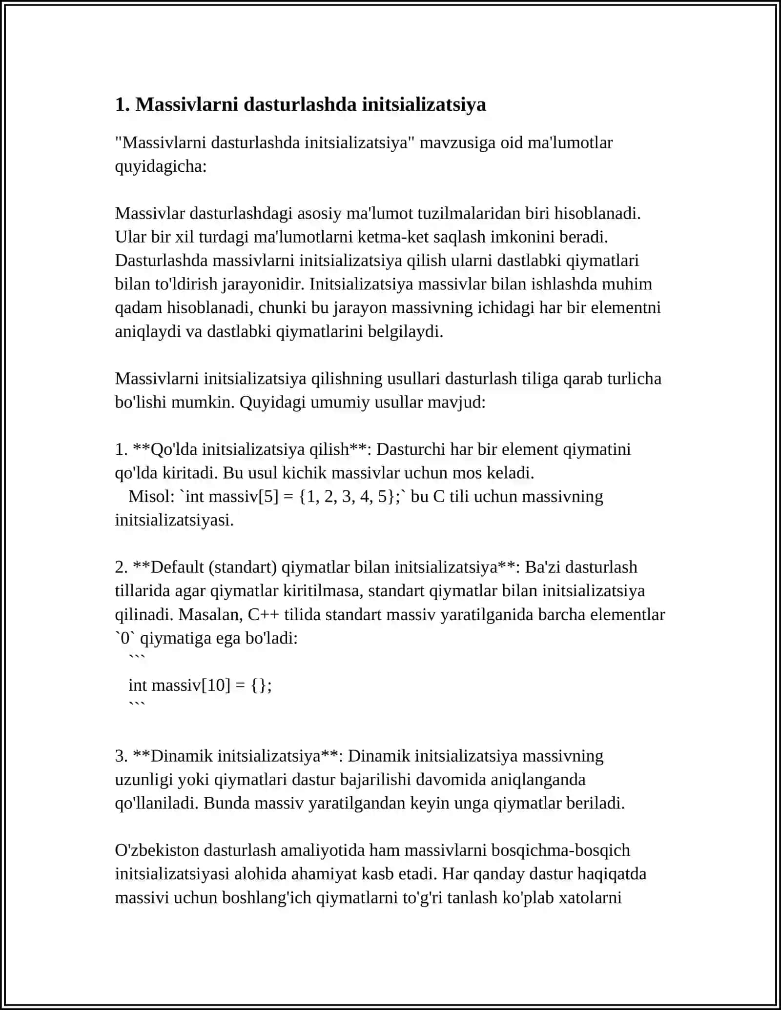 O'LCHAMI KO'RSATILMAGAN MASSIV ELEMENTLARINI TO'LIQ INITSIALIZATSIYALASH (DASTURLASH) 3