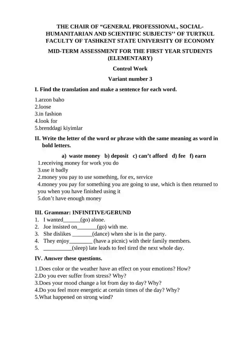 Mid-term assessment for the first year students 3