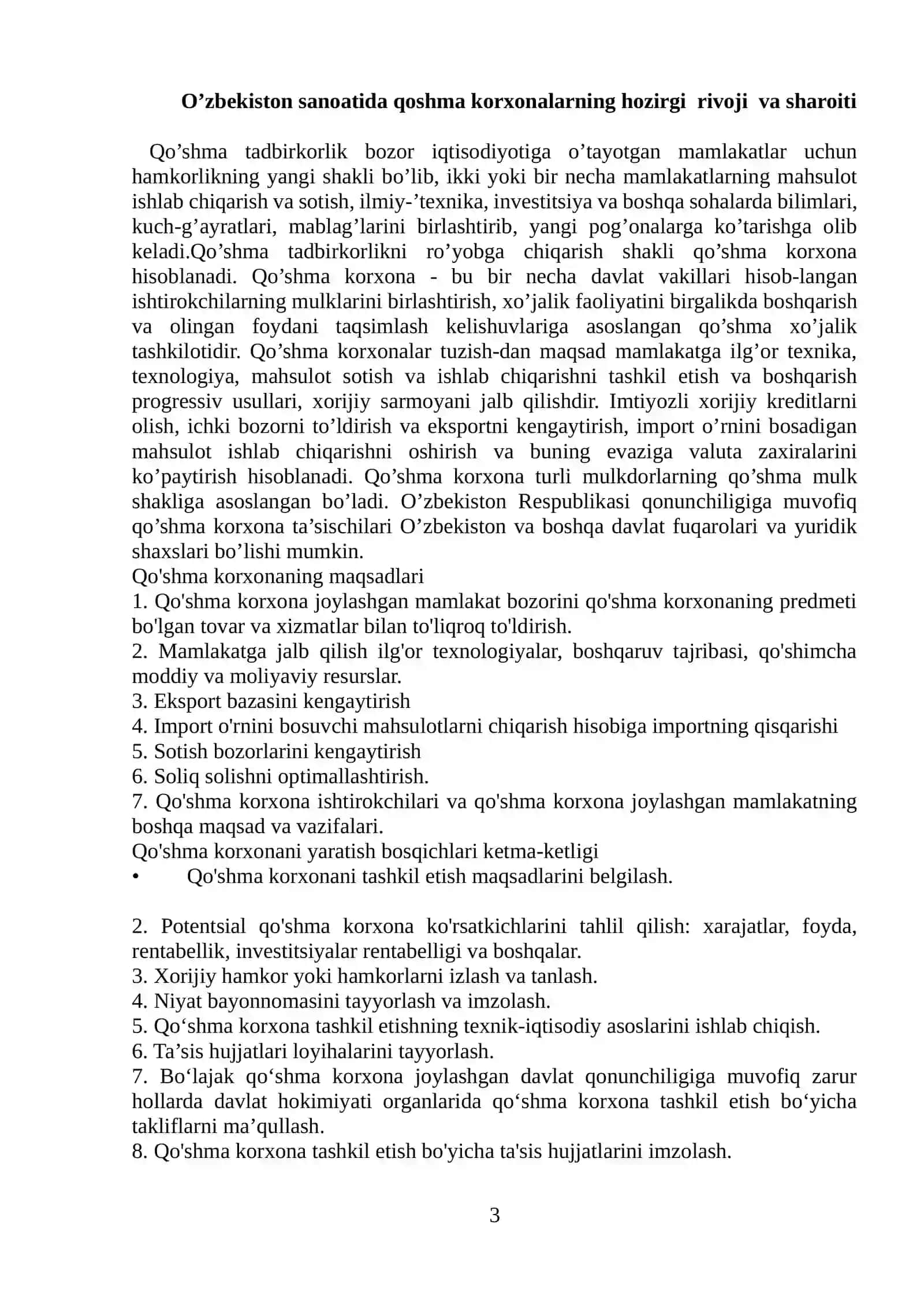 O’ZBEKISTON SANOATIDA QOSHMA KORXONALARNING HOZIRGI                RIVOJI SHAROITI 3