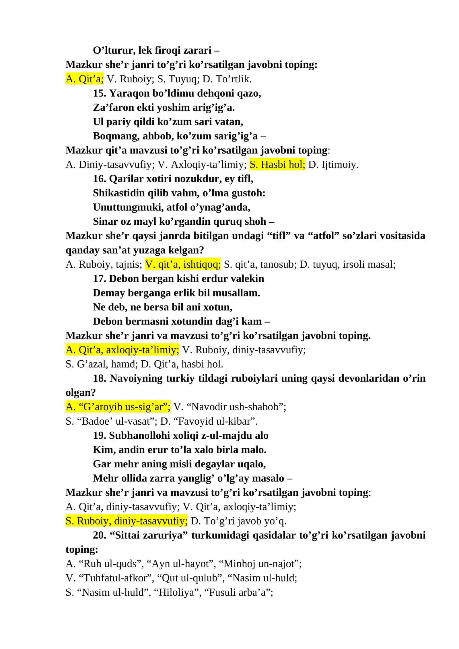 “NAVOIYSHUNOSLIK” FANIDAN TEST-TOPSHIRIQLAR 3