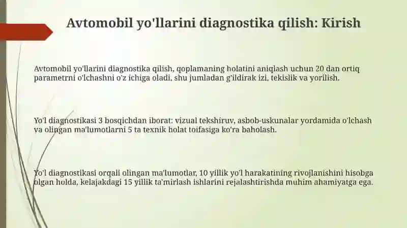 Avtomobil yo'llarini diagnostika qilish 3