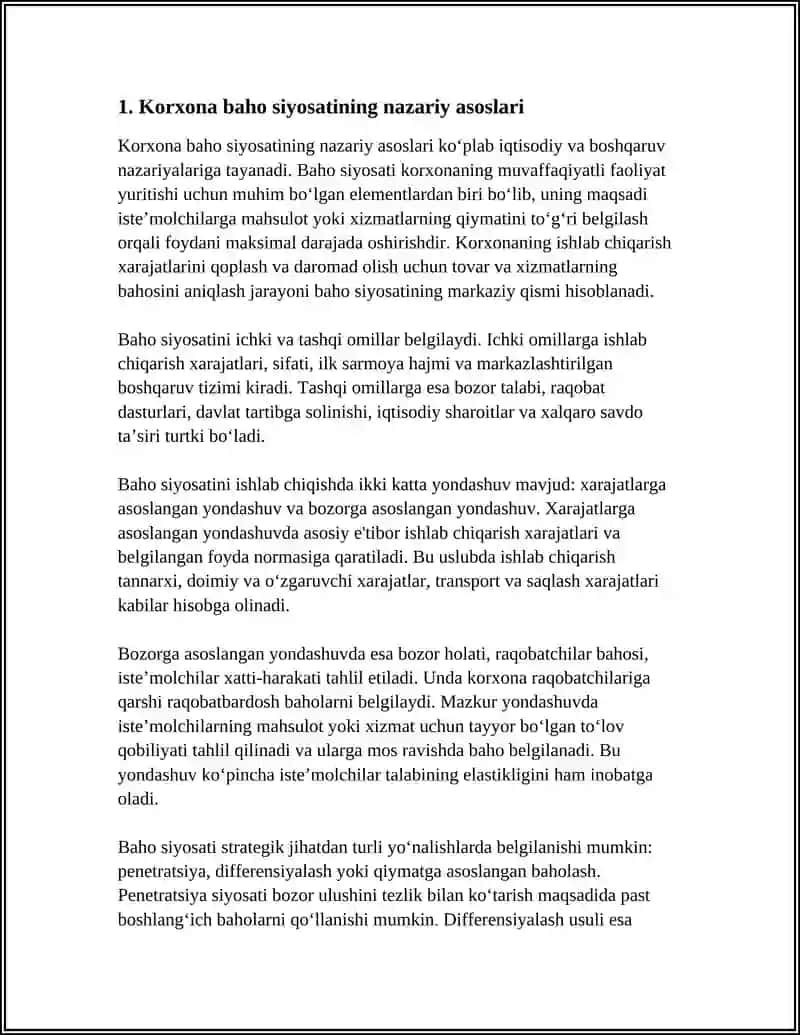 Korxona Baxo Siyosati Tahlili 3