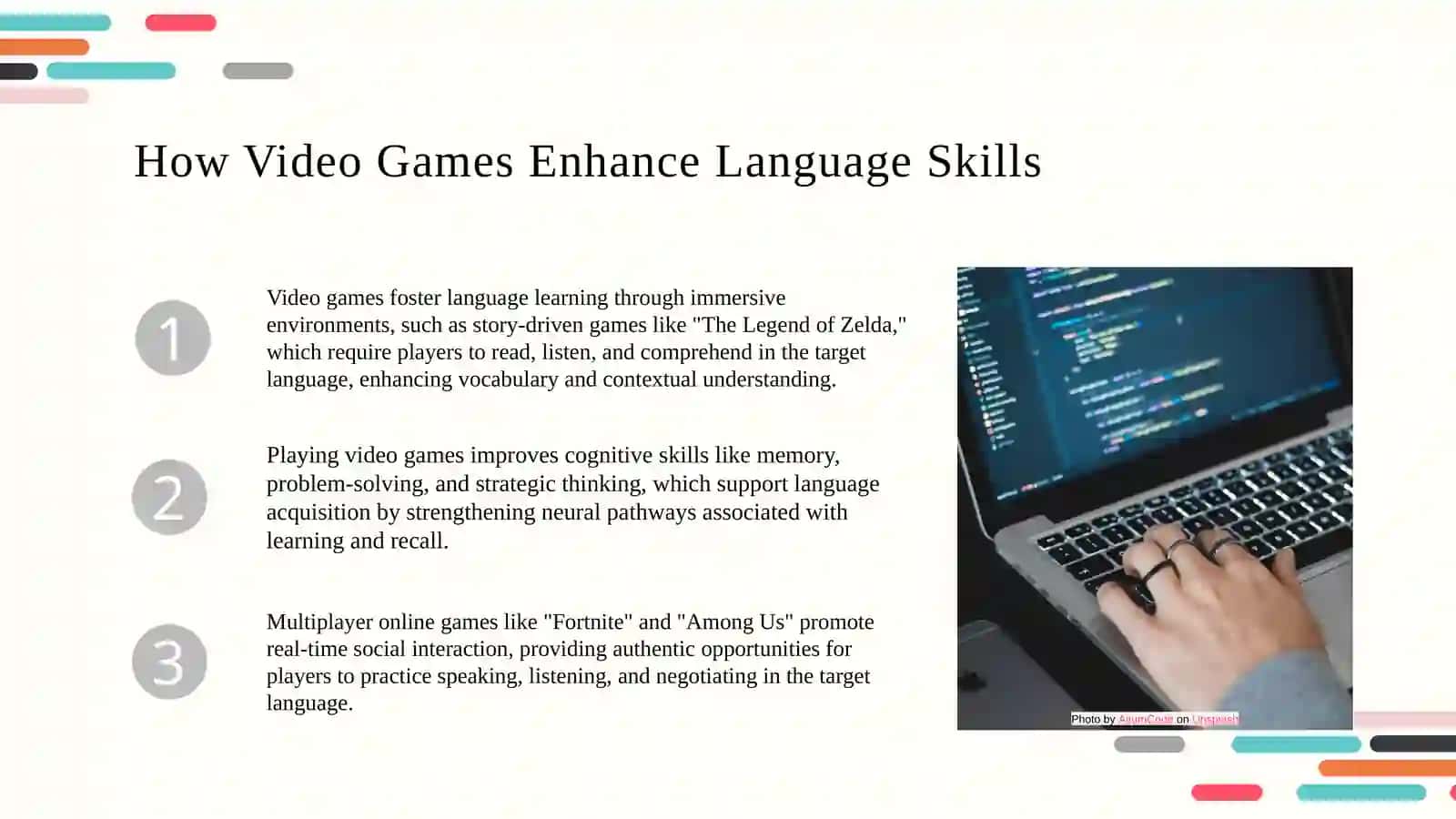 Effectiveness of learning a second language through video games. Word processors in the classroom: Why use word processors? 3
