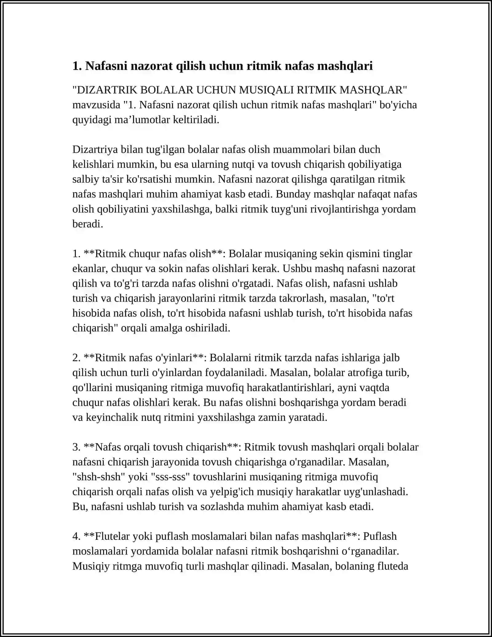 DIZARTRIK BOLALAR UCHUN MUSIQALI RITMIK MASHQLAR 3