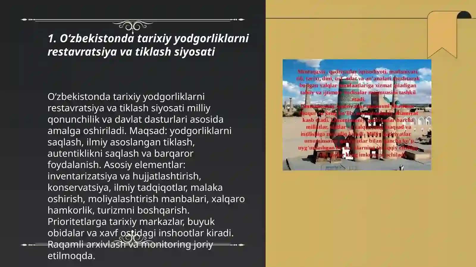 Oʻzbekistonda tarixiy yodgorliklarni restavratsiya va tiklash siyosati 3