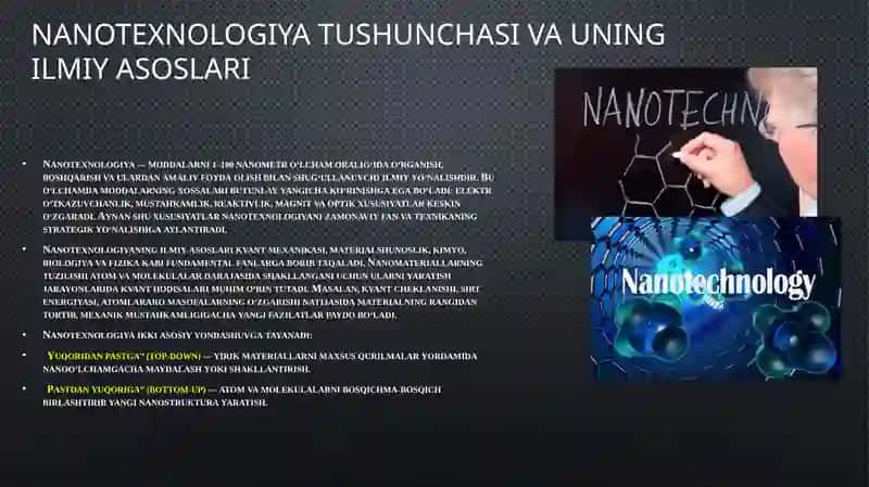 Nanotexnologiyalar haqida umumiy ma’lumot berish, yaratilish va rivojlanish tarixini yoritish. Bugungi kun tibbiyotining turli soxalarida nanotexnologiyalardan foydalanishning asosiy sabablari hamda uning natijalari 3