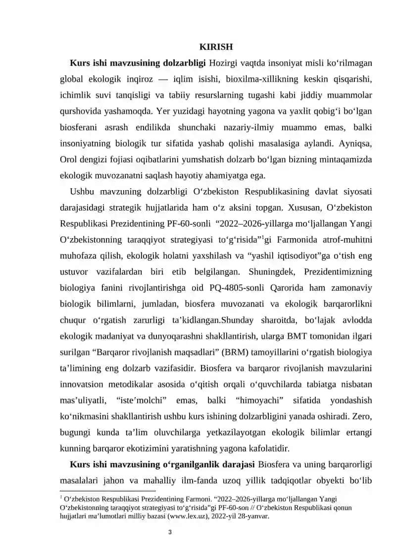 Biosfera va barqaror rivojlanish mavzusini o‘qitish kurs ishi 3