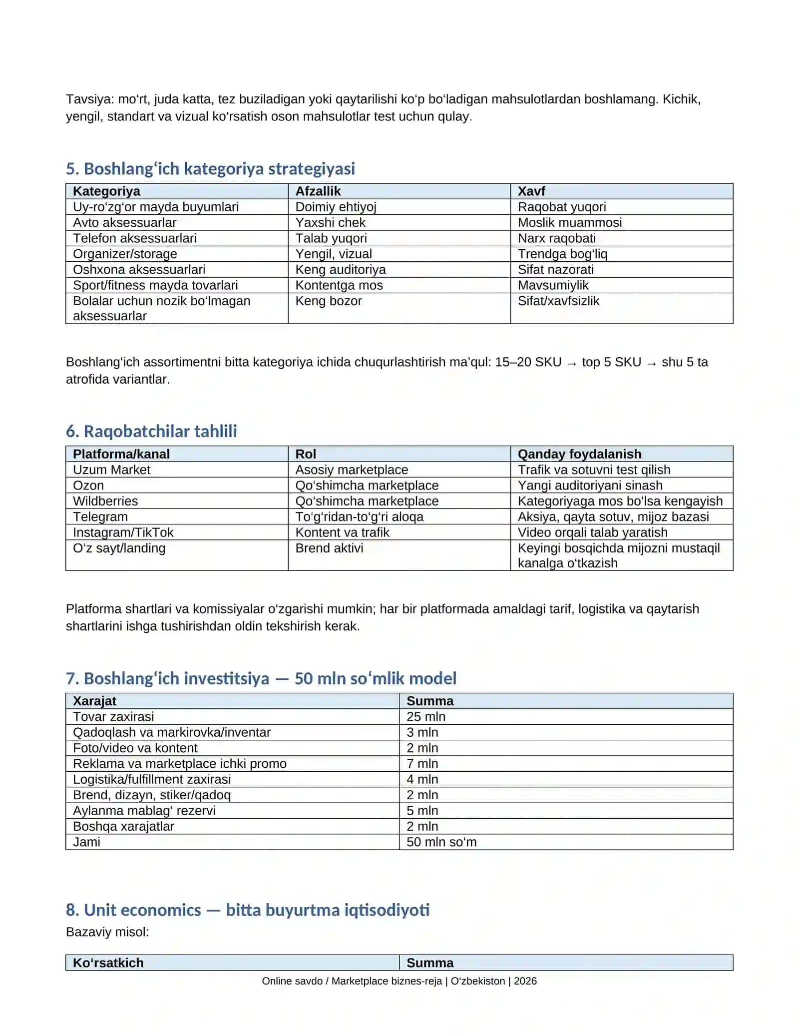 Biznes reja. ONLINE SAVDO / MARKETPLACE 2026-yil uchun 3