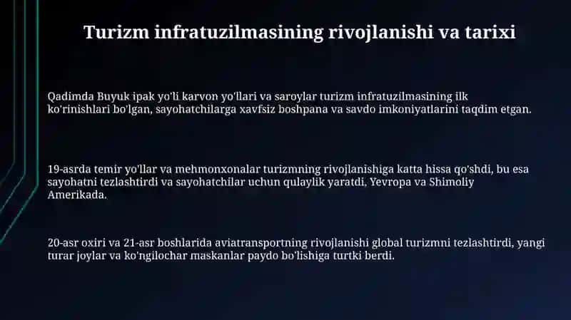 Turizmda sayr - tomoshalar va ko'ngil yozish infratuzilmasi 3