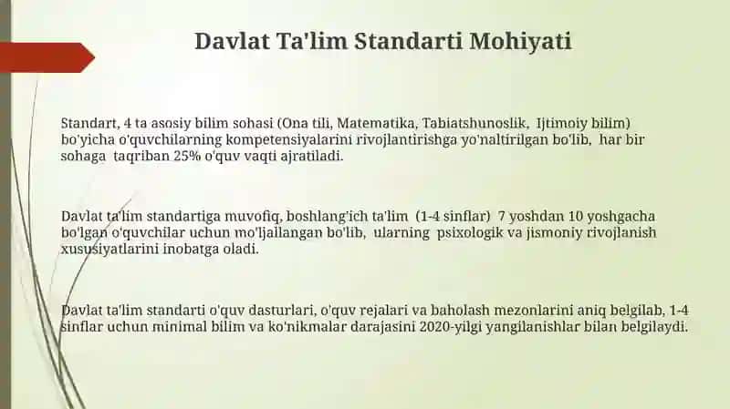Davlat taʼlim standarti (boshlangʼich taʼlimning mohiyati va mazmuni) 3